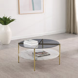 Jonelle Round Glass Top Coffee Table White Marble Shelf Gold - Tampa Furniture Outlet