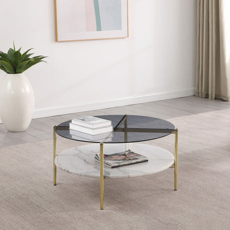 Jonelle Round Glass Top Coffee Table White Marble Shelf Gold - Tampa Furniture Outlet