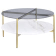 Tampa Furniture Outlet - Coaster - Jonelle Round Glass Top Coffee Table White Marble Shelf Gold - 710338