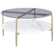 Tampa Furniture Outlet - Coaster - Jonelle Round Glass Top Coffee Table White Marble Shelf Gold - 710338