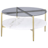 Jonelle Round Glass Top Coffee Table White Marble Shelf Gold - Tampa Furniture Outlet