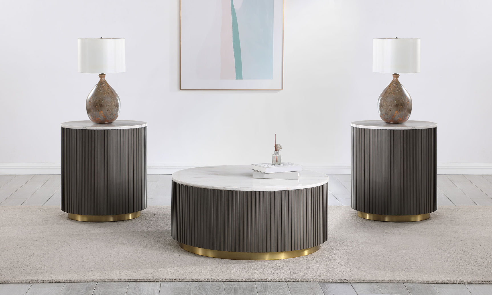Tampa Furniture Outlet - Coaster - Jason 3-piece Round White Marble Coffee Table Set Charcoal - 710418-S3