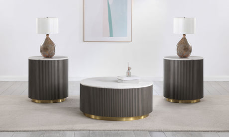Tampa Furniture Outlet - Coaster - Jason 3-piece Round White Marble Coffee Table Set Charcoal - 710418-S3