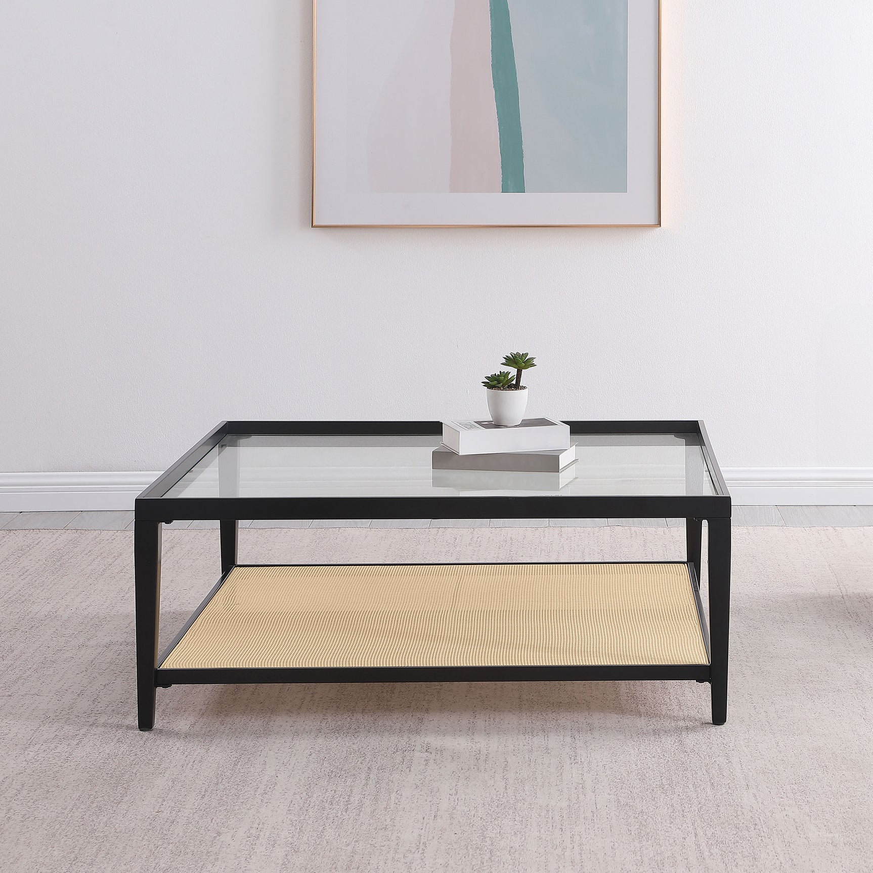 Amherst Glass Top Metal with Cane Shelf Coffee Table Black - Tampa Furniture Outlet