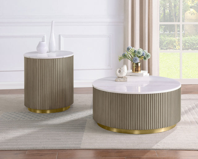 Tampa Furniture Outlet - Coaster - Jason 2-piece Round White Marble Coffee Table Set Greige - 711418-S2