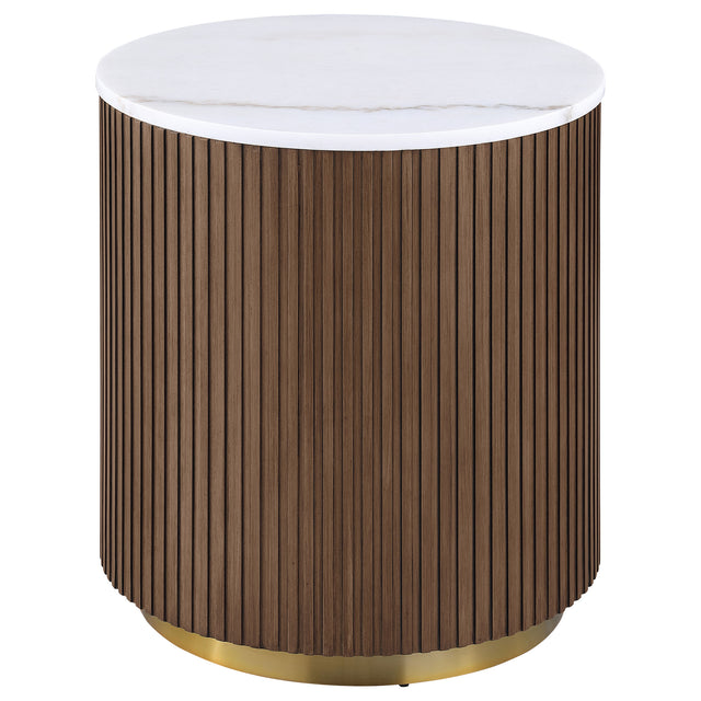 Tampa Furniture Outlet - Coaster - Jason Round White Marble Top Side End Table Honey Brown - 712417