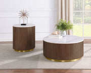 Tampa Furniture Outlet - Coaster - Jason 2-piece Round White Marble Coffee Table Set Honey Brown - 712418-S2