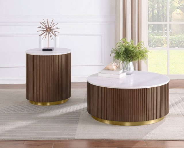 Tampa Furniture Outlet - Coaster - Jason 2-piece Round White Marble Coffee Table Set Honey Brown - 712418-S2