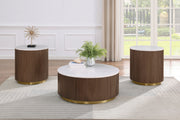 Tampa Furniture Outlet - Coaster - Jason 3-piece Round White Marble Coffee Table Set Honey Brown - 712418-S3