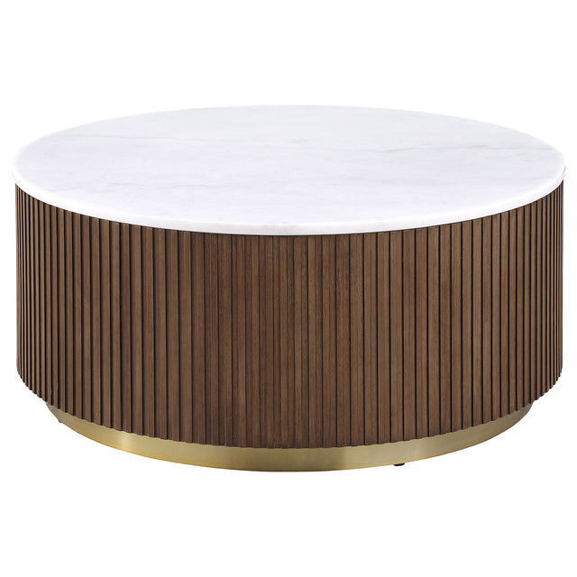 Tampa Furniture Outlet - Coaster - Jason Round White Marble Top Coffee Table Honey Brown - 712418