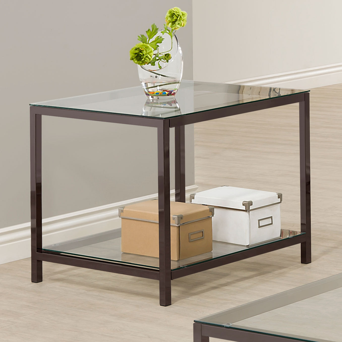 Trini 1-shelf Glass Top Side End Table Black Nickel - Tampa Furniture Outlet