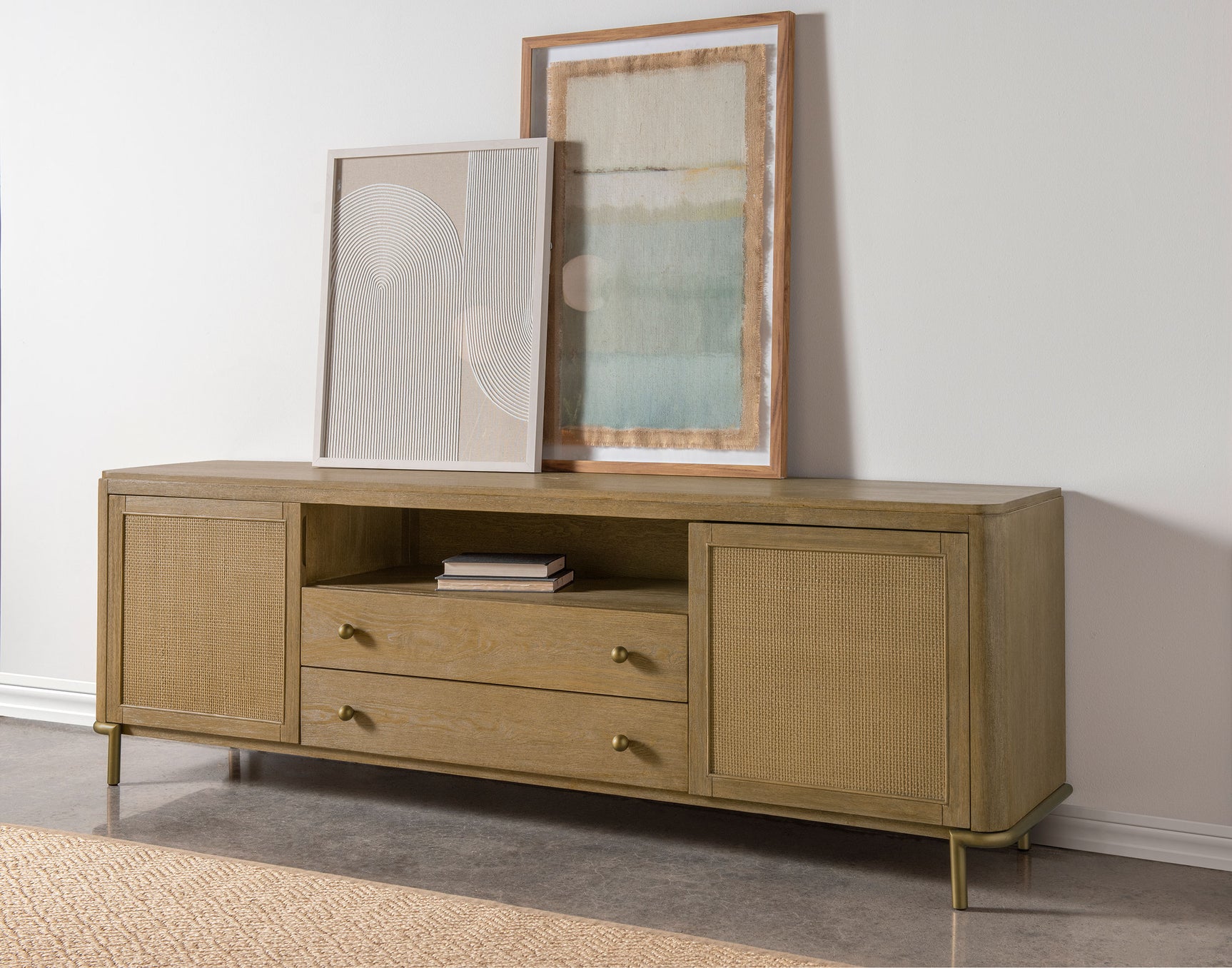 Arini Rattan Cane 2-door TV Stand Media Console Sand Wash - Tampa Furniture Outlet