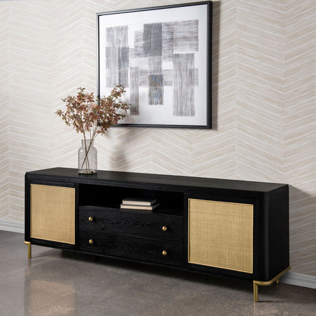 Arini Rattan Cane 2-door TV Stand Media Console Black - Tampa Furniture Outlet
