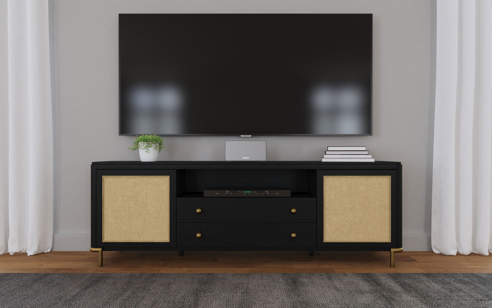 Arini Rattan Cane 2-door TV Stand Media Console Black - Tampa Furniture Outlet