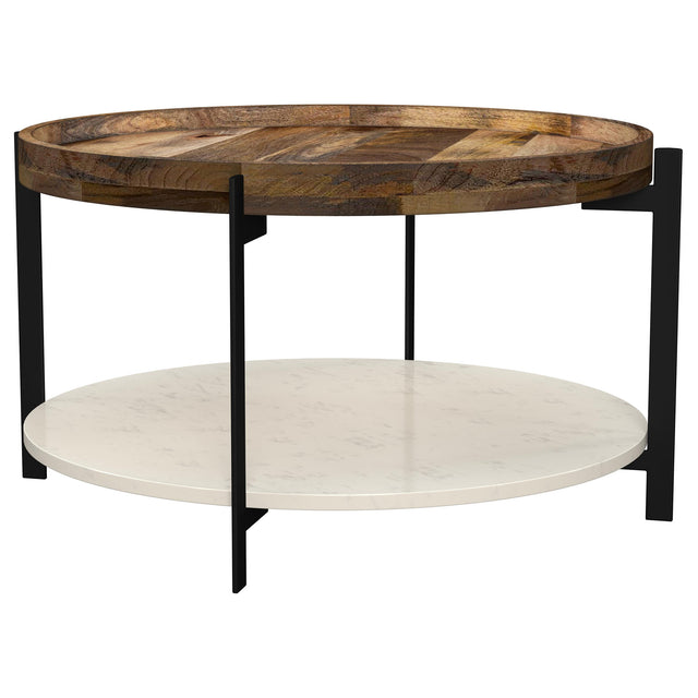 Tampa Furniture Outlet - Coaster - Adhvik Round Wood Top Marble Shelf Coffee Table Natural - 721888