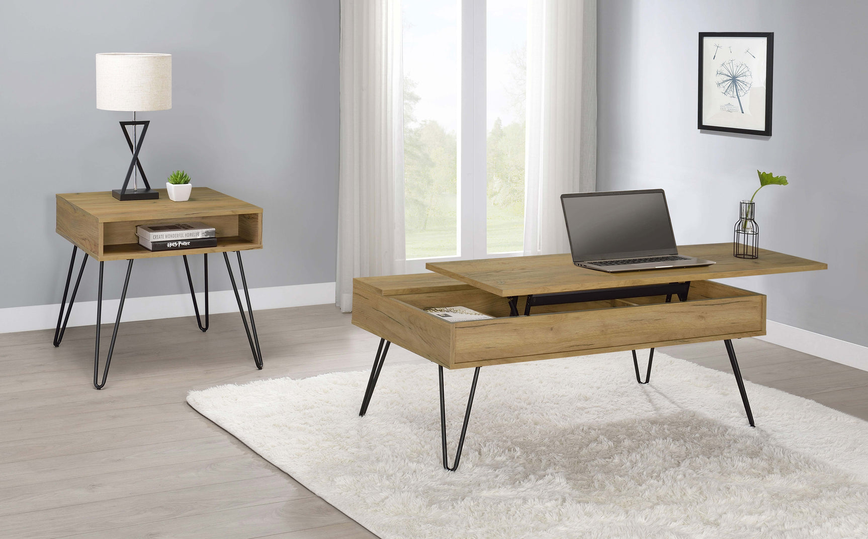 Fanning Engineered Wood Lift Top Coffee Table Golden Oak - Tampa Furniture Outlet