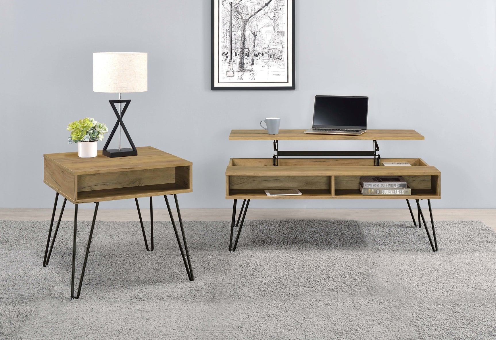 Fanning Engineered Wood Lift Top Coffee Table Golden Oak - Tampa Furniture Outlet