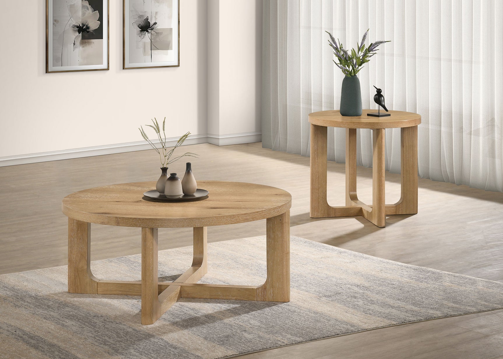 Tampa Furniture Outlet - Coaster - Kessler 2-piece Round Sculptural Wood Coffee Table Set Light Oak - 735988-S2