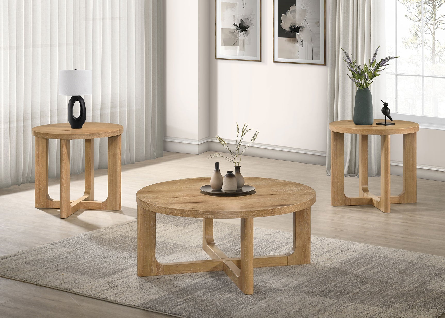 Tampa Furniture Outlet - Coaster - Kessler 3-piece Round Sculptural Wood Coffee Table Set Light Oak - 735988-S3