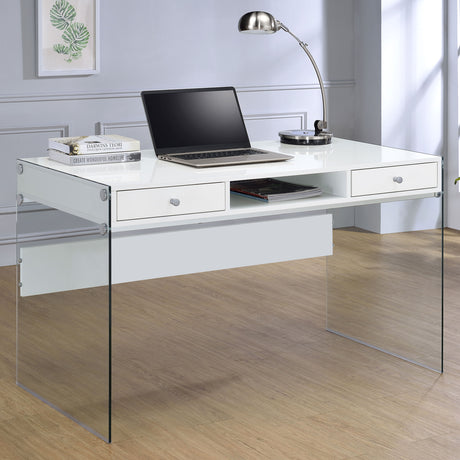 Dobrev 48-inch 2-drawer Writing Desk White High Gloss - Tampa Furniture Outlet