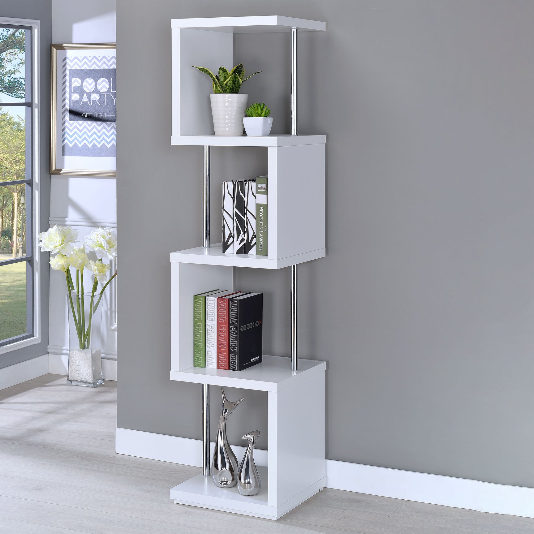 Baxter 67-inch 4-shelf Bookshelf White and Chrome - Tampa Furniture Outlet