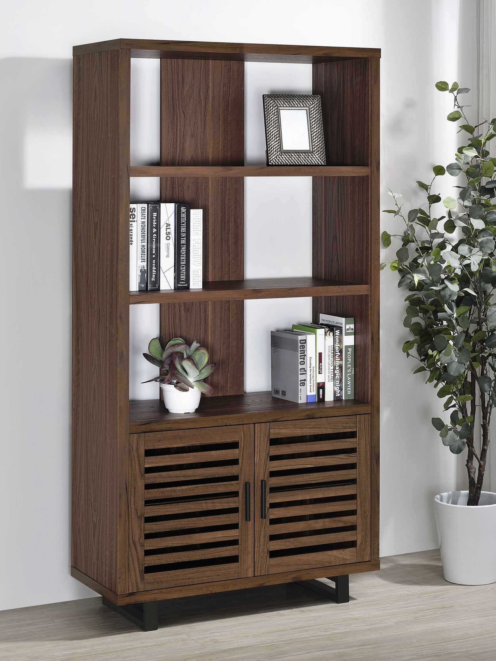 Maddox 71-inch 3-shelf Cabinet Bookcase Walnut - Tampa Furniture Outlet