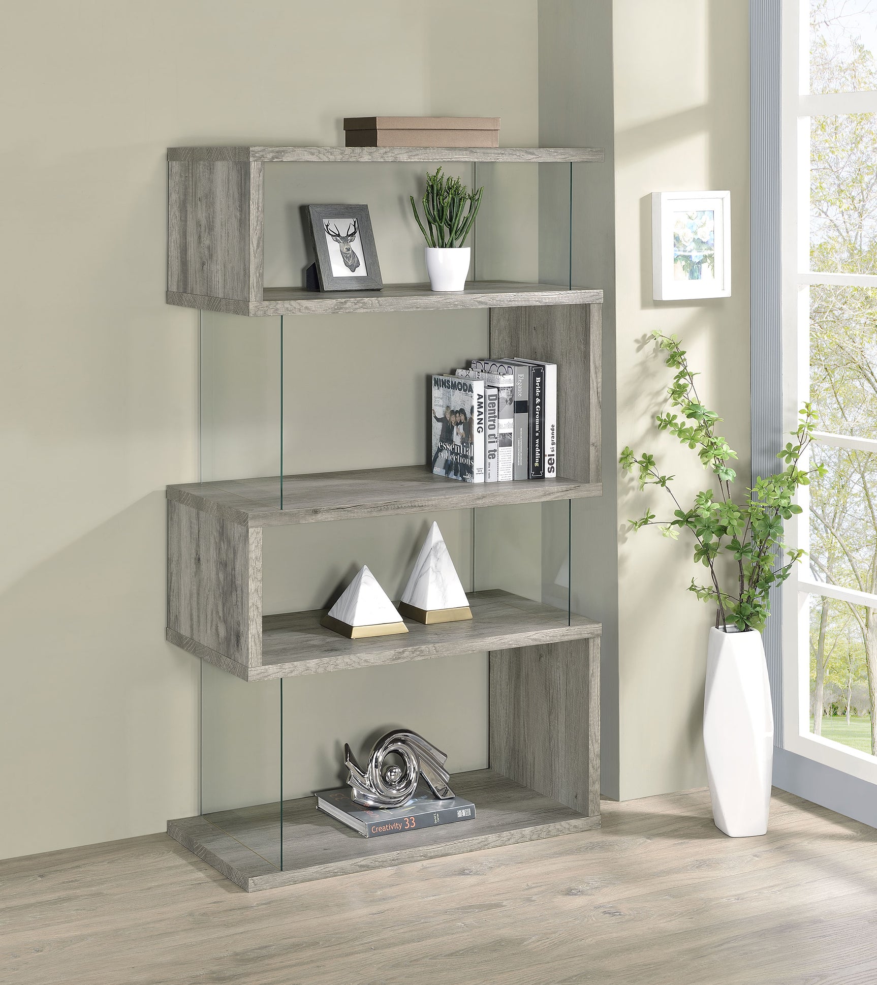Emelle 63-inch 4-shelf Glass Panel Bookshelf Grey Driftwood - Tampa Furniture Outlet