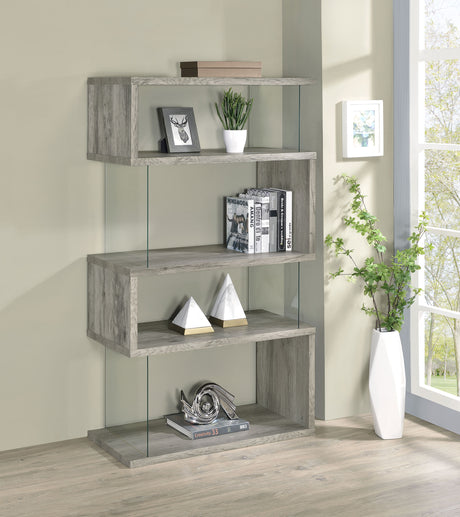 Emelle 63-inch 4-shelf Glass Panel Bookshelf Grey Driftwood - Tampa Furniture Outlet