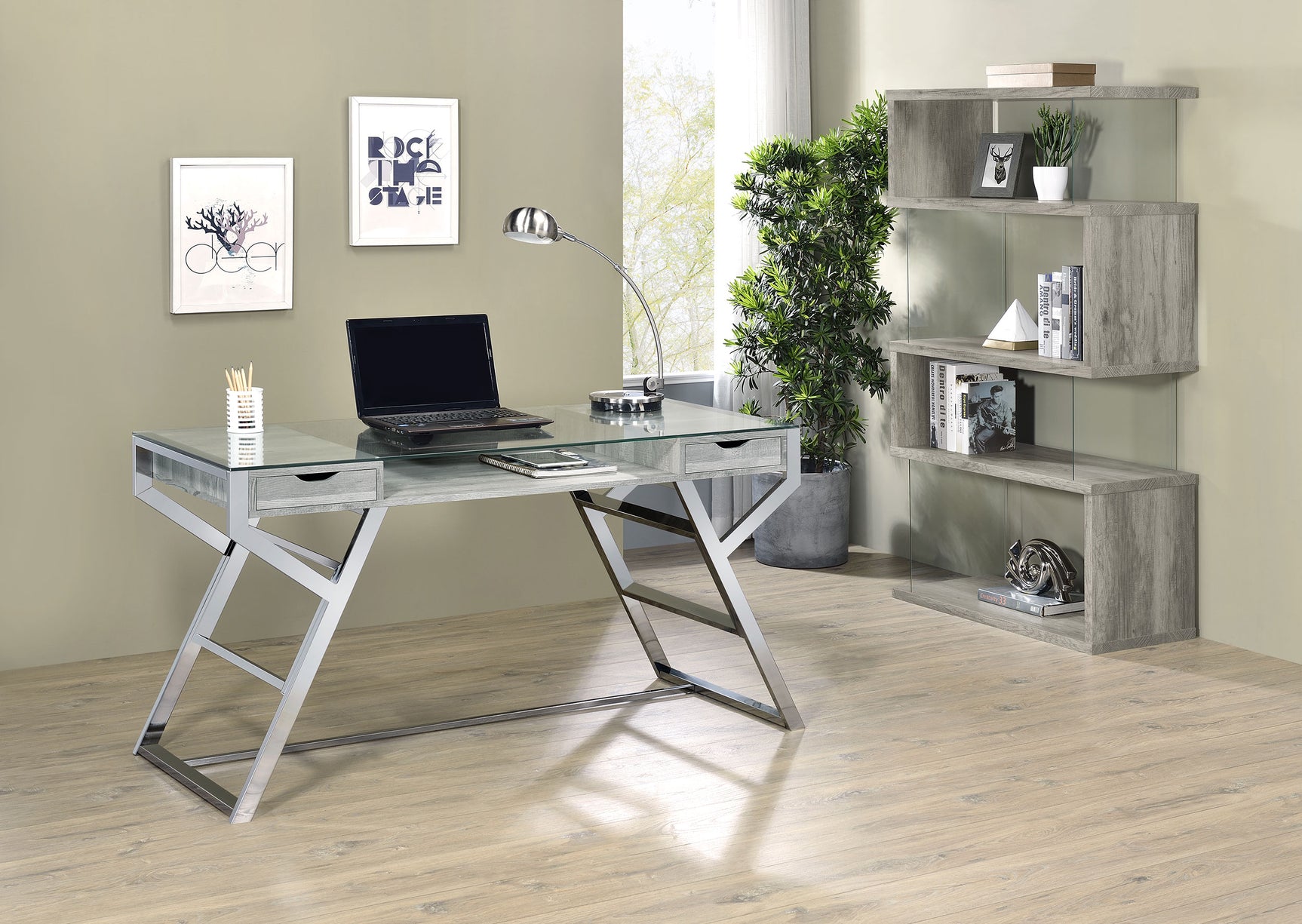 Emelle 63-inch 4-shelf Glass Panel Bookshelf Grey Driftwood - Tampa Furniture Outlet