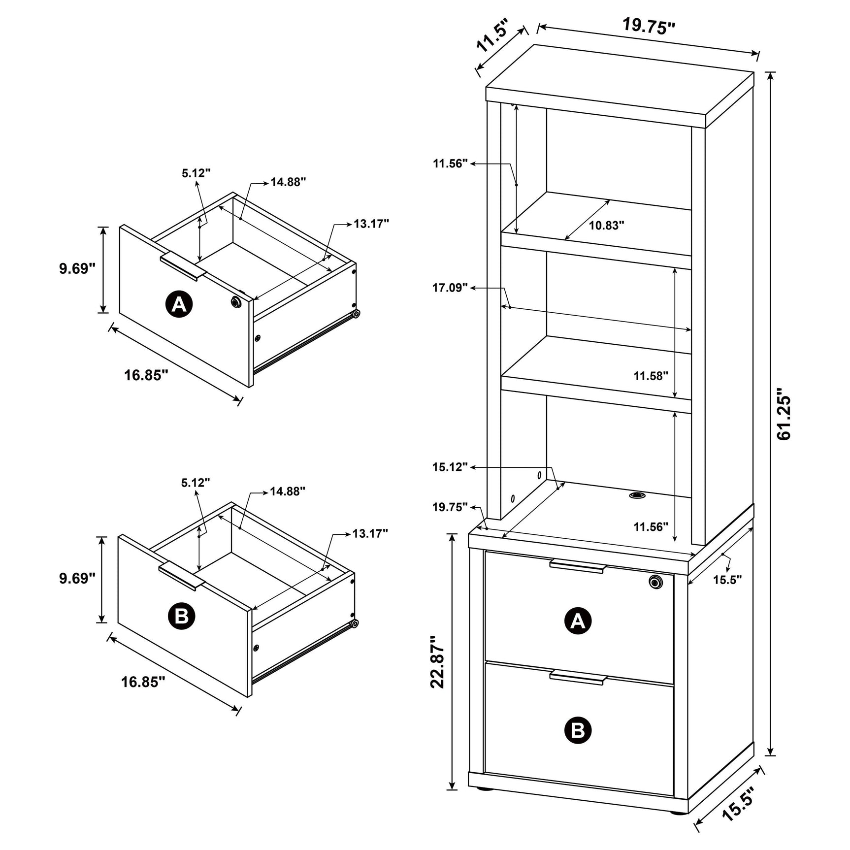 Westpark 3-shelf Bookcase USB and Lockable Drawer Black - Tampa Furniture Outlet