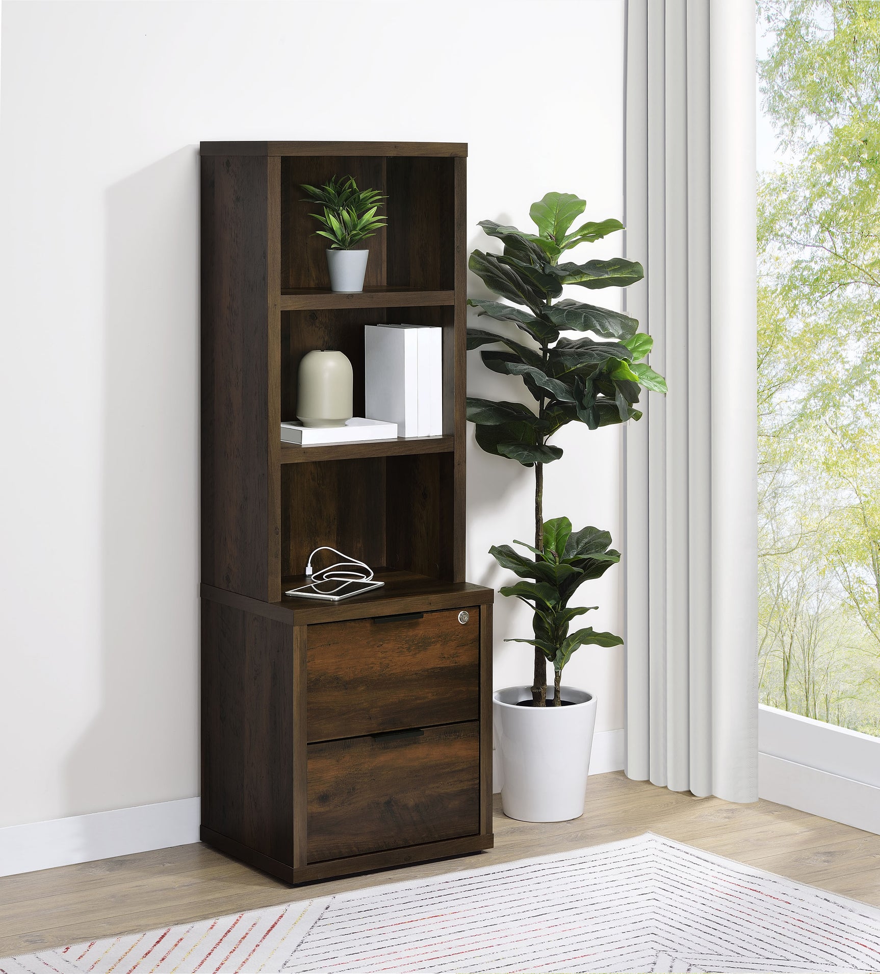Westpark 3-shelf Bookcase USB and Lockable Drawer Dark Pine - Tampa Furniture Outlet