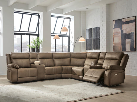 Tampa Furniture Outlet - Ashley Furniture - Max-Momentum Sectional - 7-Piece Power Reclining Sectional with Audio Consoles / Biscotti - PC82305S8