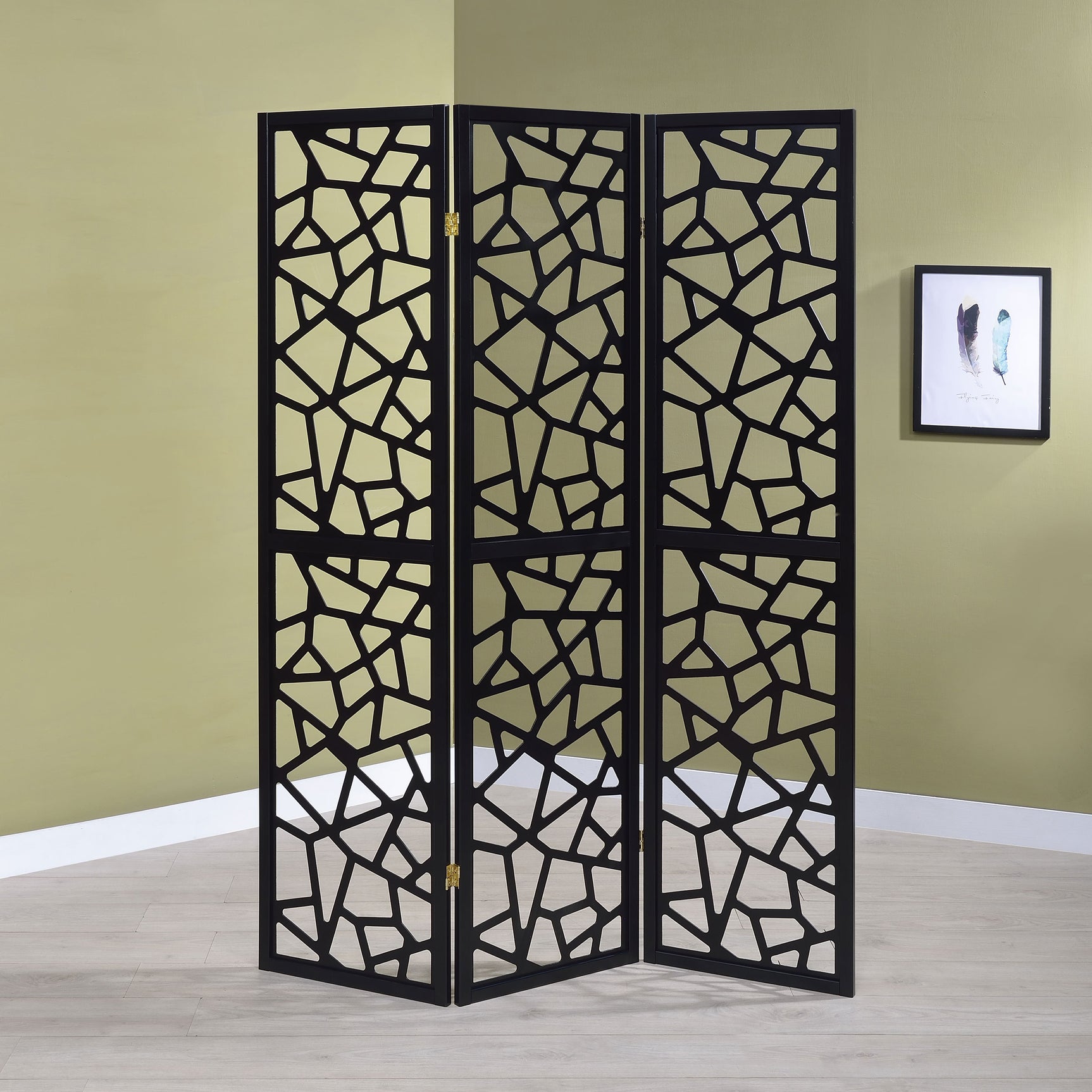 Nailan 3-Panel Room Divider Folding Screen Black Open Mosaic - Tampa Furniture Outlet