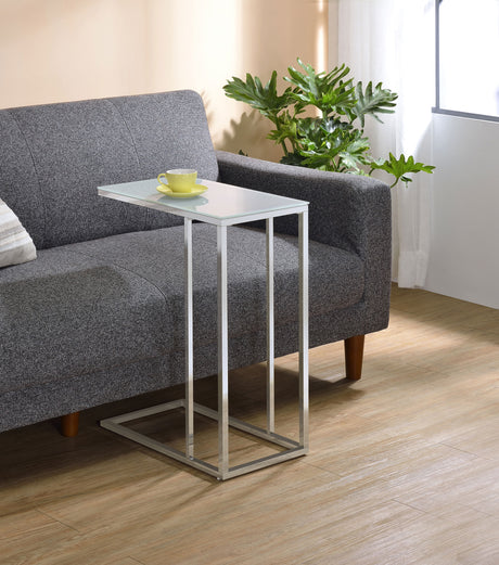 Stella White Glass Top C-Shaped Sofa Side Table Chrome - Tampa Furniture Outlet