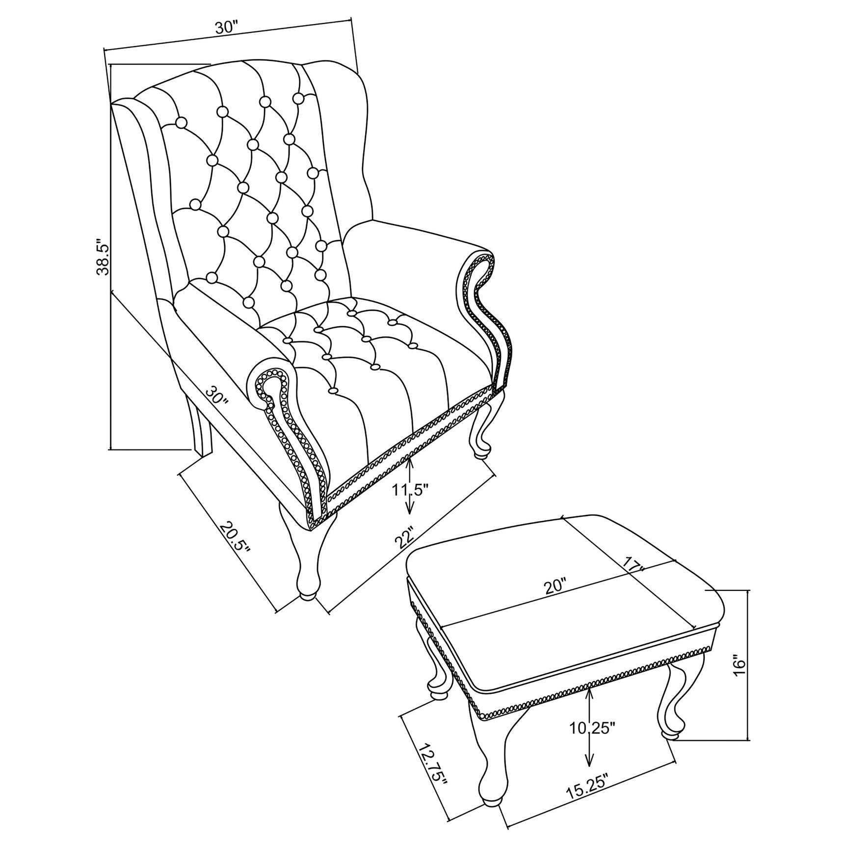 Roberts Upholstered Wingback Chair and Ottoman Set Black - Tampa Furniture Outlet