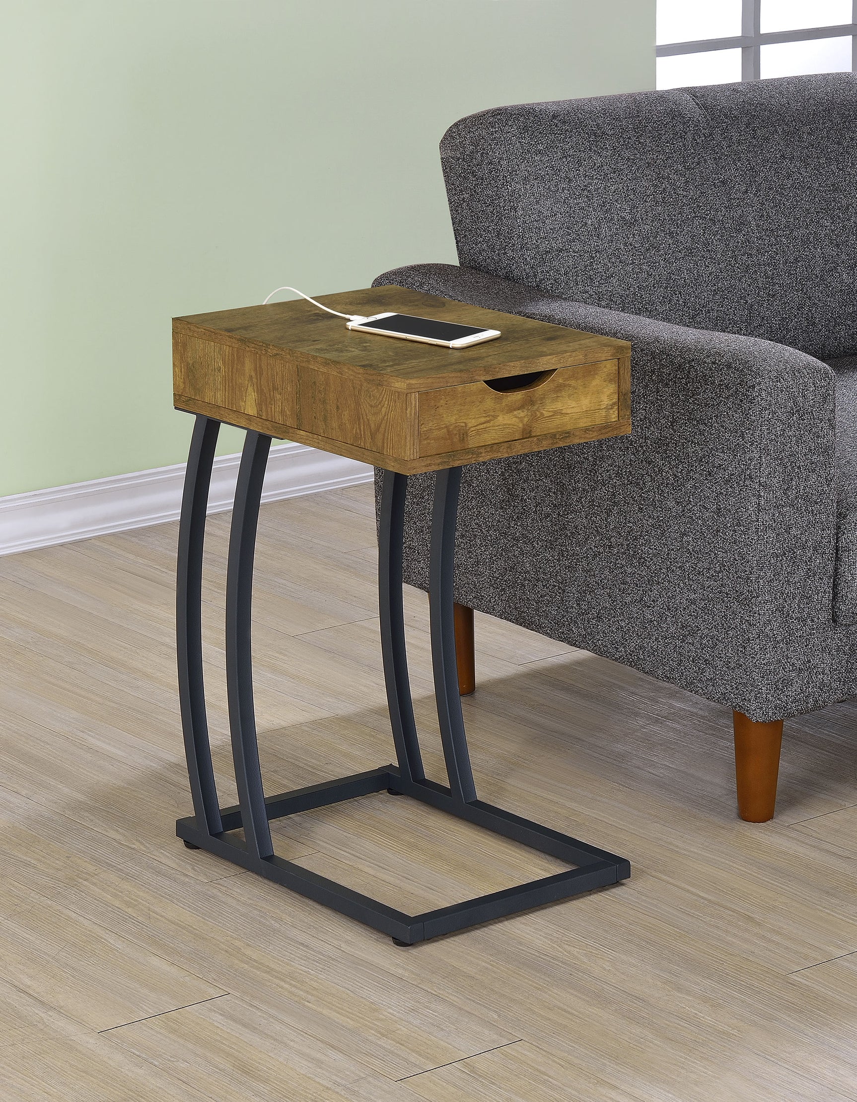Troy 1-drawer C-Shaped Side Table Power Outlet Rustic Nutmeg - Tampa Furniture Outlet