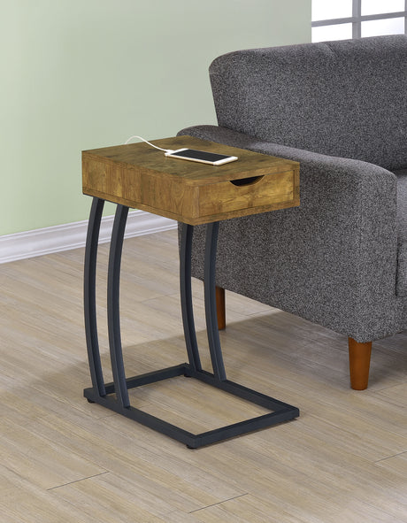 Troy 1-drawer C-Shaped Side Table Power Outlet Rustic Nutmeg - Tampa Furniture Outlet