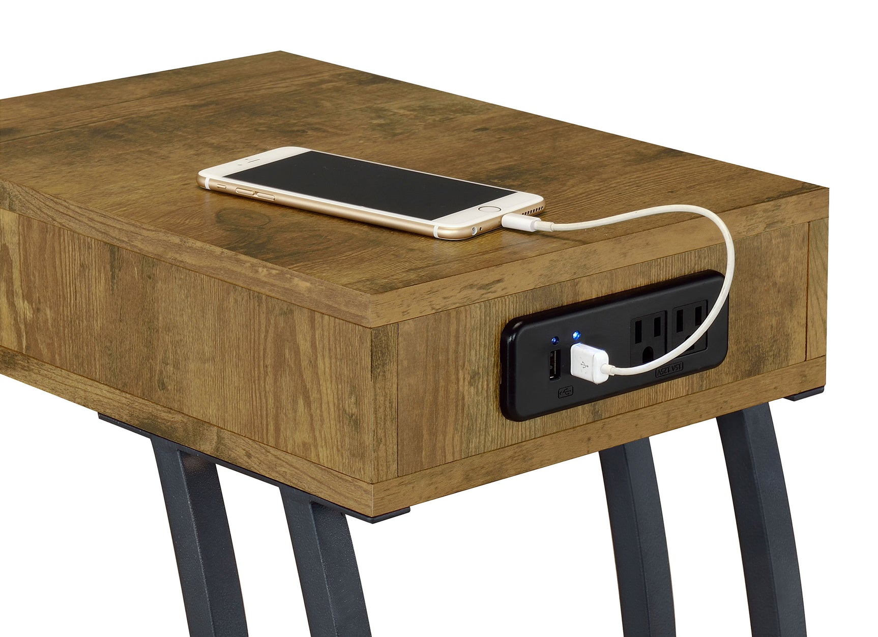Troy 1-drawer C-Shaped Side Table Power Outlet Rustic Nutmeg - Tampa Furniture Outlet