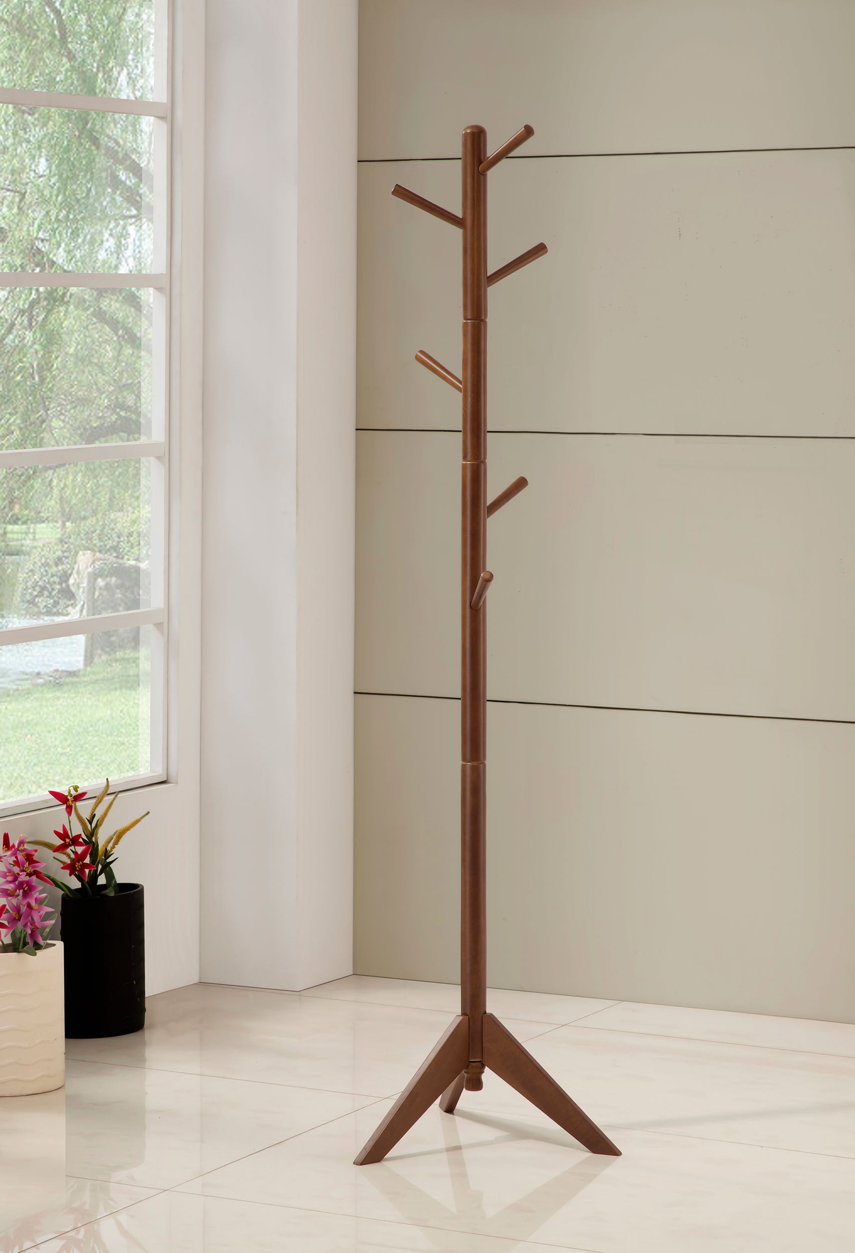 Devlin 6 Hook Freestanding Wood Coat Rack Hat Hanger Walnut - Tampa Furniture Outlet