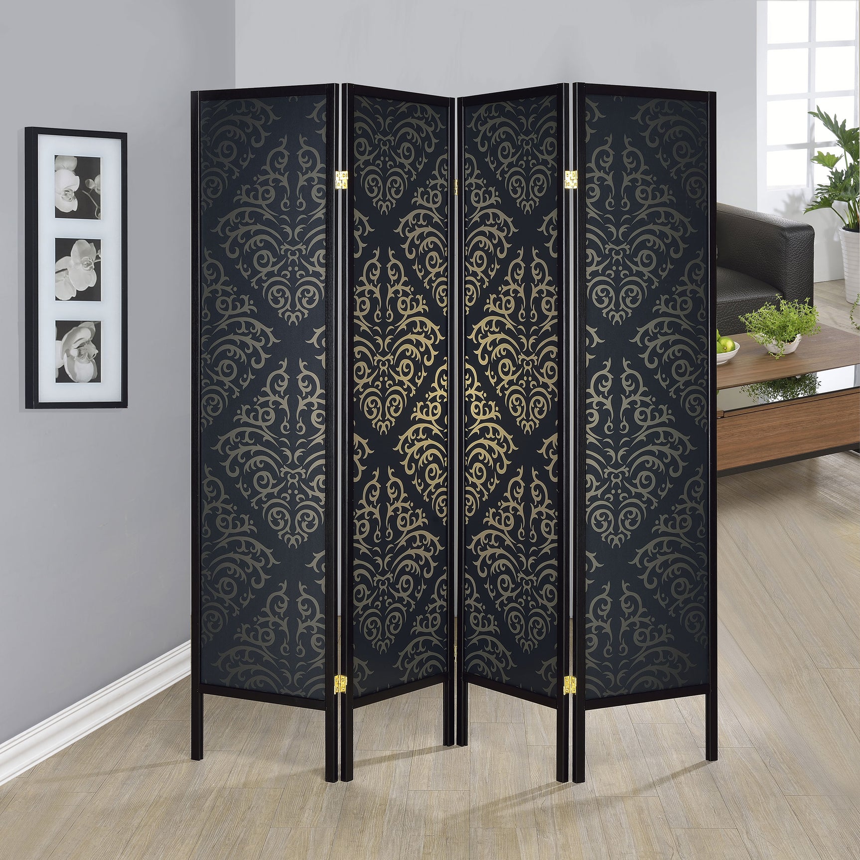 Haidera 4-Panel Room Divider Folding Screen Black Damask - Tampa Furniture Outlet