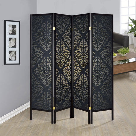 Haidera 4-Panel Room Divider Folding Screen Black Damask - Tampa Furniture Outlet