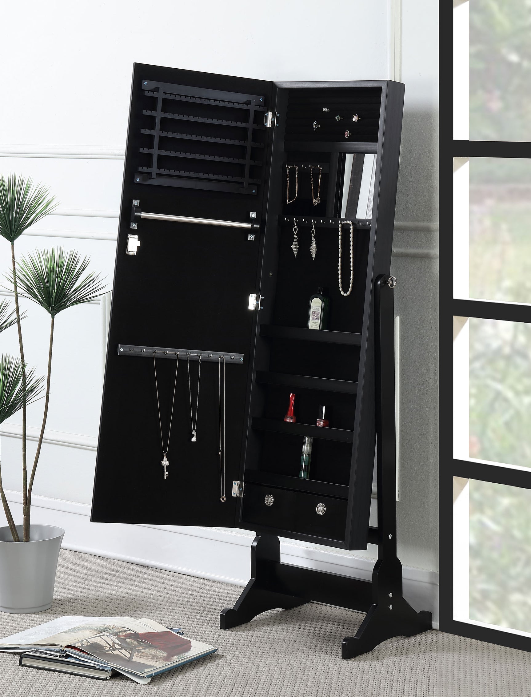 Tutuola Cheval Mirror with Jewelry Storage Black - Tampa Furniture Outlet