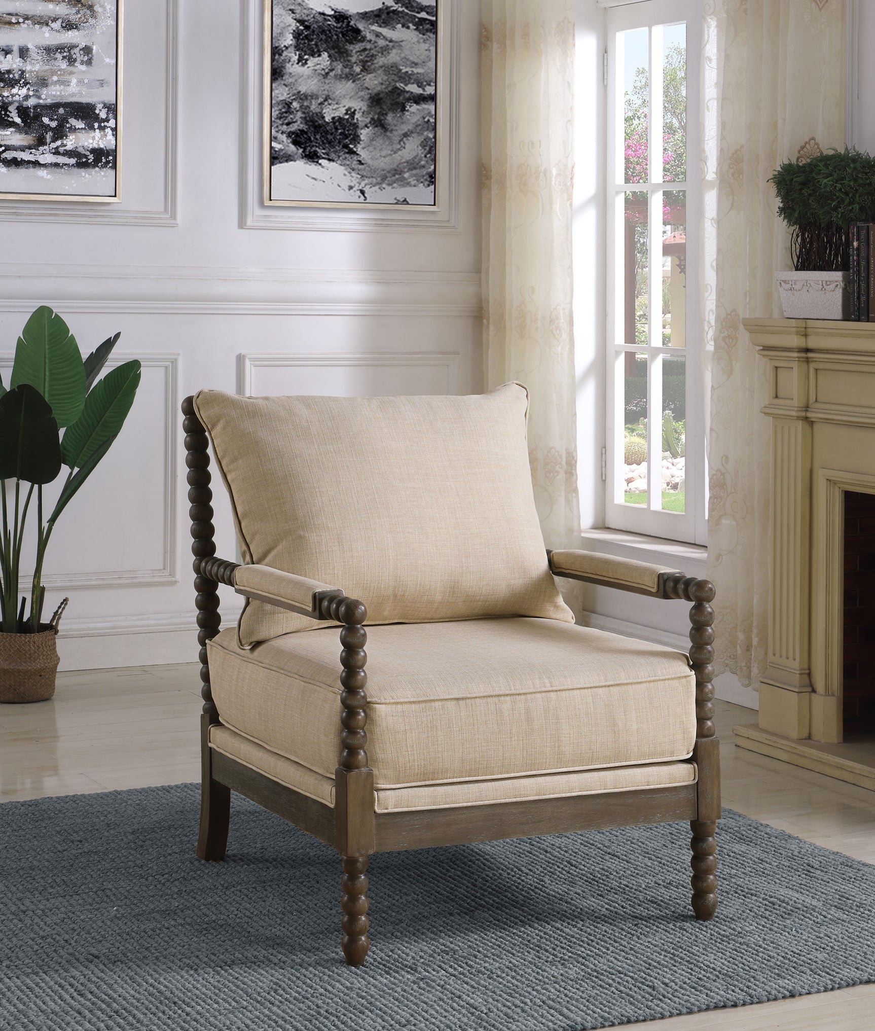 Blanchett Upholstered Bobbin Accent Chair Beige and Distressed Brown - Tampa Furniture Outlet