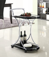 Elfman 2-tier Glass Shelf Metal Bar Cart Black and Chrome - Tampa Furniture Outlet