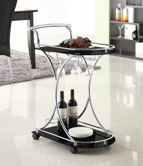 Elfman 2-tier Glass Shelf Metal Bar Cart Black and Chrome - Tampa Furniture Outlet