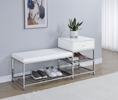 Siega 1-Drawer Shoe Storage Entryway Bench White High Gloss and Chrome