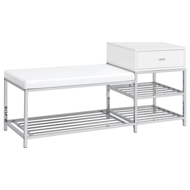 Tampa Furniture Outlet - Coaster - Siega 1-Drawer Shoe Storage Entryway Bench White High Gloss and Chrome - 910223