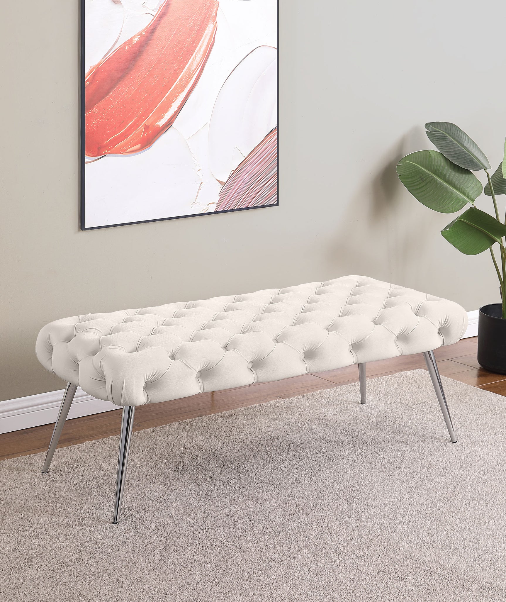 Ella Upholstered Tufted Bench Stainless Steel Legs Ivory - Tampa Furniture Outlet