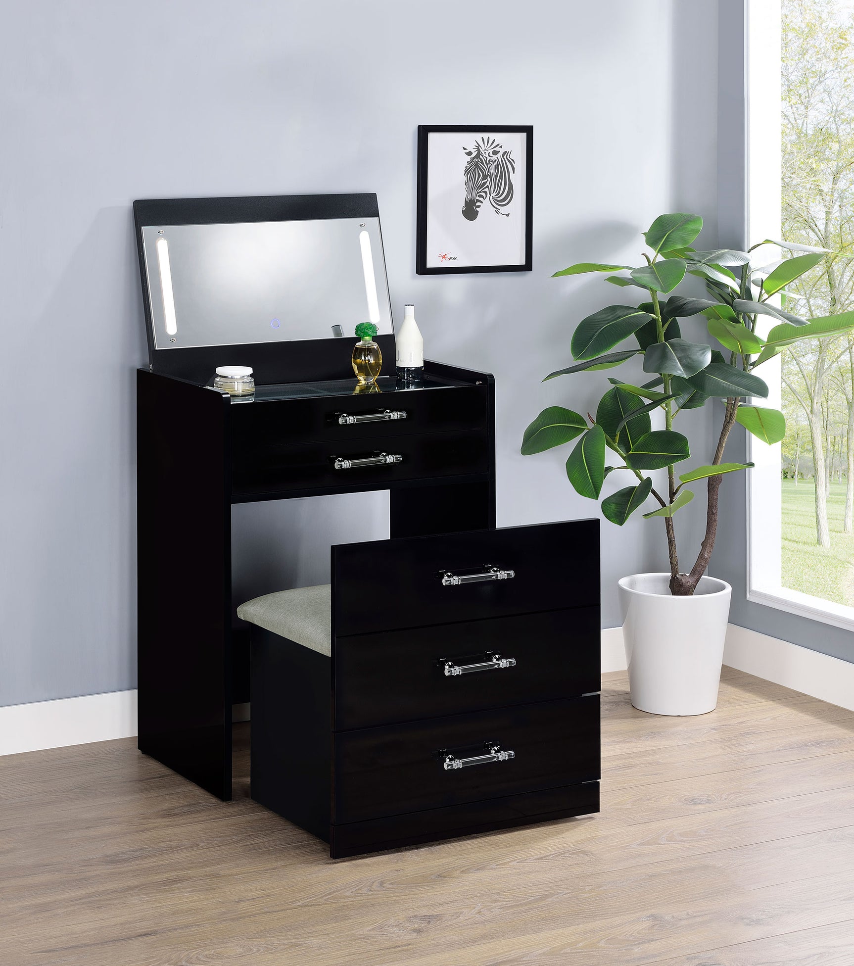 Danbury 3-drawer Makeup Vanity & Stool Set Black High Gloss - Tampa Furniture Outlet
