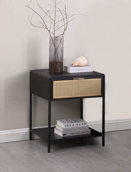 Amherst 1-drawer Radio Weave Cane Metal Bedside Table Black - Tampa Furniture Outlet